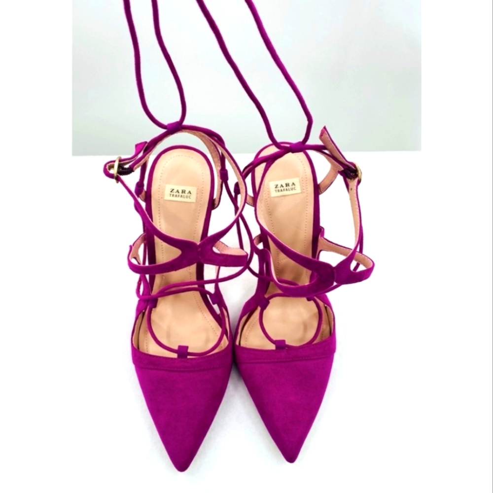 Zara Trafaluc Fuchsia Point Toe Lace up High Heel - Picture 2 of 5